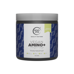 Vegan Amino+ supplement in a black and white container. Contains plant-based amino acids to support muscle recovery and growth.