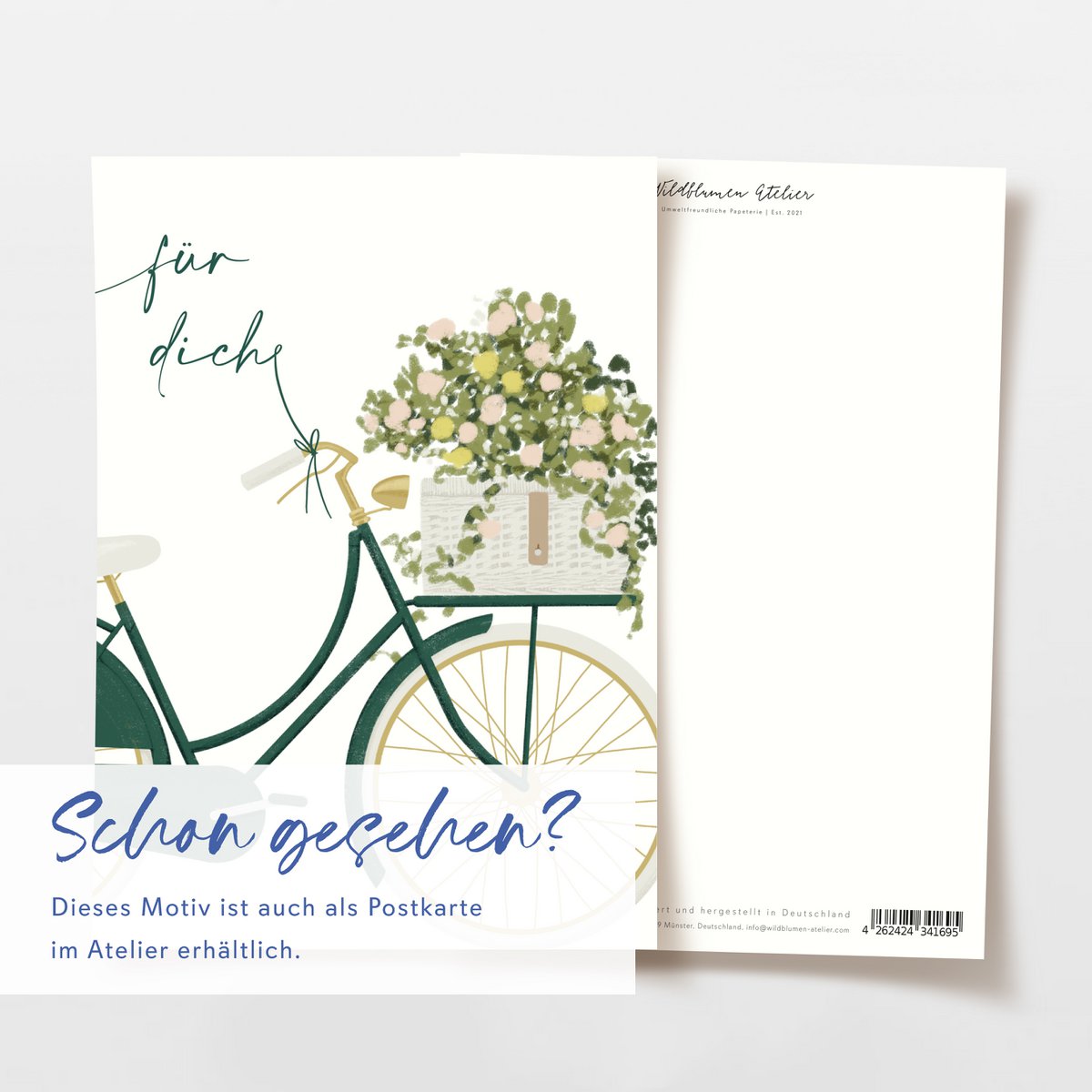 Klappkarte 'für dich' grünes Fahrrad mit Blumen, inkl. Umschlag