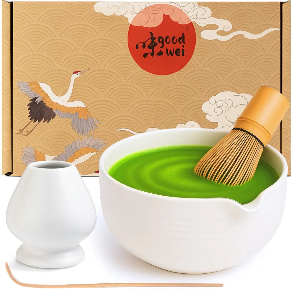 Matcha Latte Set 4 pièces. - Bol verseur, fouet à matcha des années 80, support et cuillère