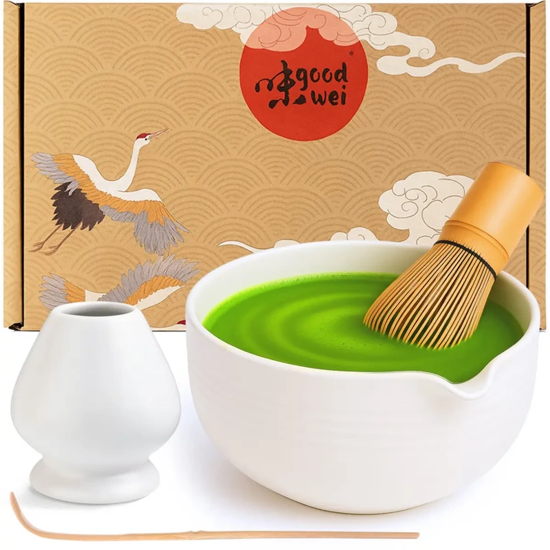 Matcha Latte Sæt 4 stk. - Hældeskål, 80'er matcha piskeris, holder & ske