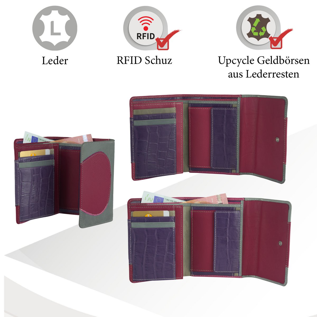 Sunsa damesportemonnee. Leren portemonnee. Portemonnee met RFID-bescherming. Portemonnee gemaakt van overgebleven leer. middelgrote portemonnee voor dames met veel creditcardvakjes - portemonnee voor dames, cadeau-idee