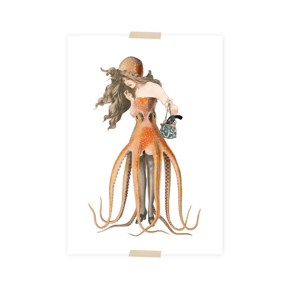 Postcard collage dametje met octopusjurk