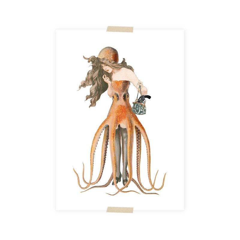 Postcard collage dametje met octopusjurk