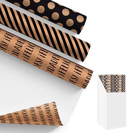 Craft gift wrapping paper with black and tan striped and dotted patterns.