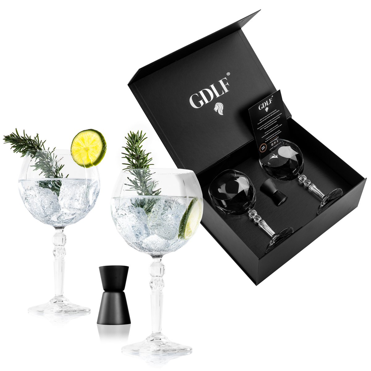 Gin Tonic Glasses Set Made of High Quality Crystal - 2 Gin Tonic Glasses & Double Sided Bar Measure Black with Luxury Storage Box, Cocktail Glasses, The Perfect Gin Gift Set