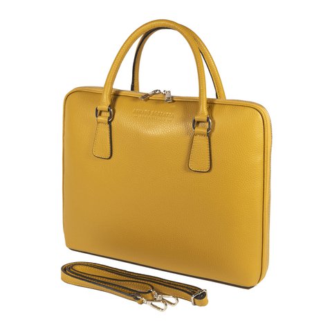RB1019AR | Unisex zakenaktentas van echt leer, gemaakt in Italië, met afneembare schouderband. Opzetstukken met glanzende nikkelen metalen karabijnhaken - Mosterdkleur - Afmetingen: 37 x 29 x 6,5 cm