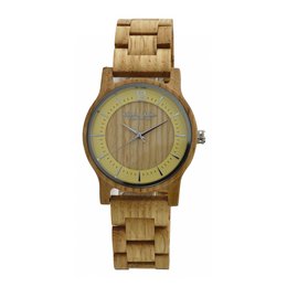 A wooden watch with a light-colored dial and a wooden bracelet. The watch has a simple, minimalist design.