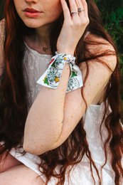 Colorful floral printed ribbon scarf with a delicate dove design, perfect for accessorizing woven bracelets or hair accessories.