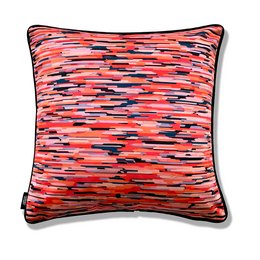 Vibrant red and pink cushion with an abstract moiré pattern, suitable for living room or bedroom decor.
