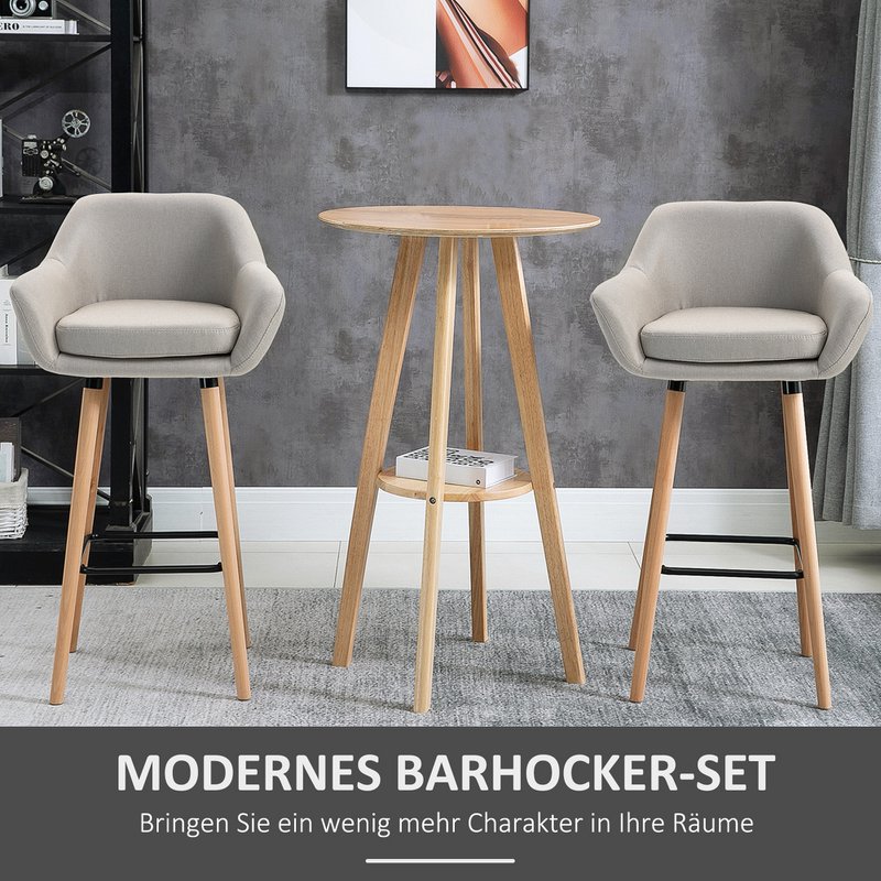 Set of 2 bar stools, including footrest, solid wood, 55 cm x 48 cm x 100 cm, beige