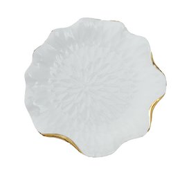 White porcelain dinner plate with gold-trimmed edges.