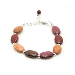 Wooden bracelet with multicolored oval beads in shades of brown, orange, and red. The bracelet has a silver-tone clasp and chain.