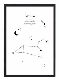 Zodiac sign poster featuring the Leo constellation with a crescent moon and stars. Available in A3 and A4 sizes.