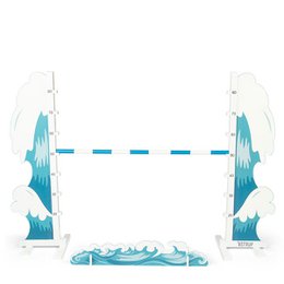  Wooden toy obstacle course with wave-shaped elements and animal-shaped obstacles in various colors including black, white, and tan.