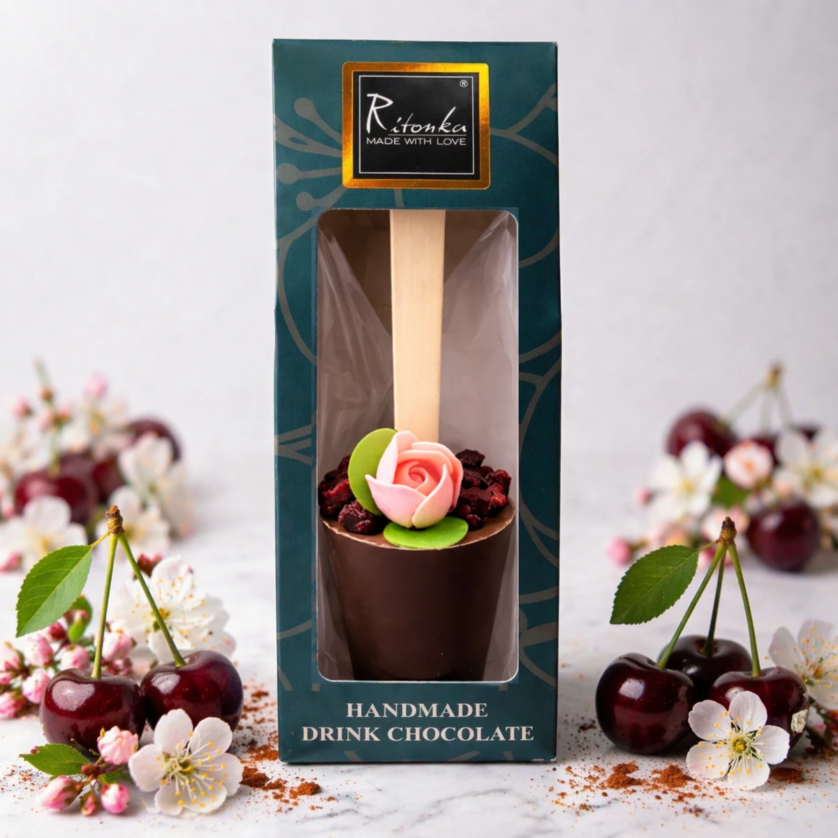 Bitter drinking chocolate stick, flower cherry - Mother's Day