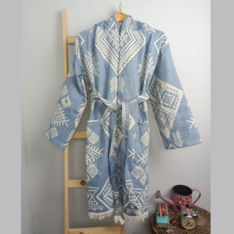 Kilim Hooded Bathrobe - Blue