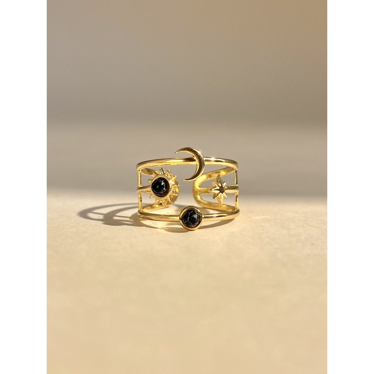 Moon, star and sun adjustable ring with stone