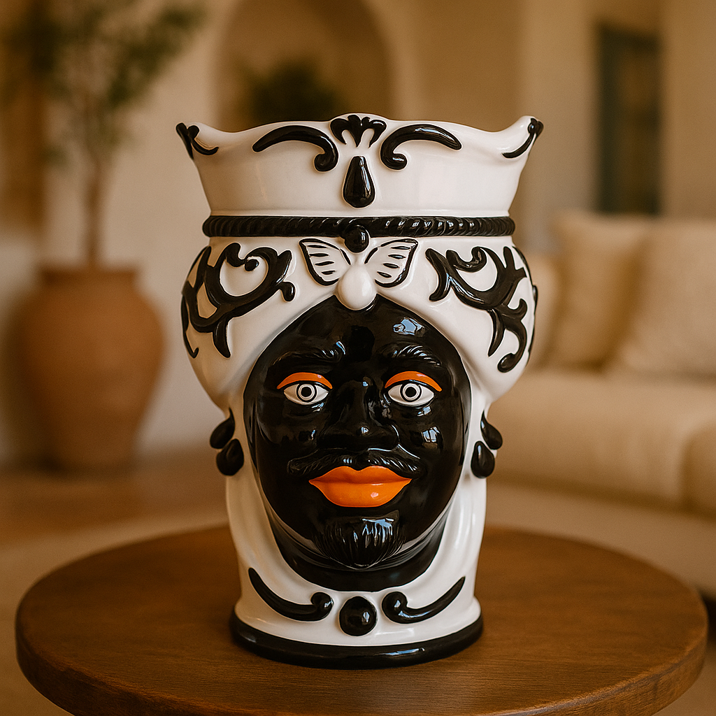 Weiß/schwarze Männerkopfvase aus Keramik, H 20 x Ø 14 cm