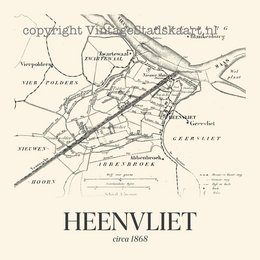 Vintage-style poster featuring a map of Heenvliet, available in various sizes and colors. The poster has an antique, distressed appearance with a classic design.
