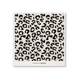  Beige and black leopard print dish cloth, made of absorbent material for cleaning dishes and kitchen surfaces.