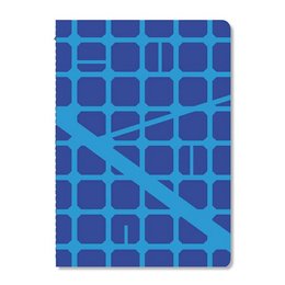 Blue A5 notebook with a geometric pattern design, made in Barcelona.
