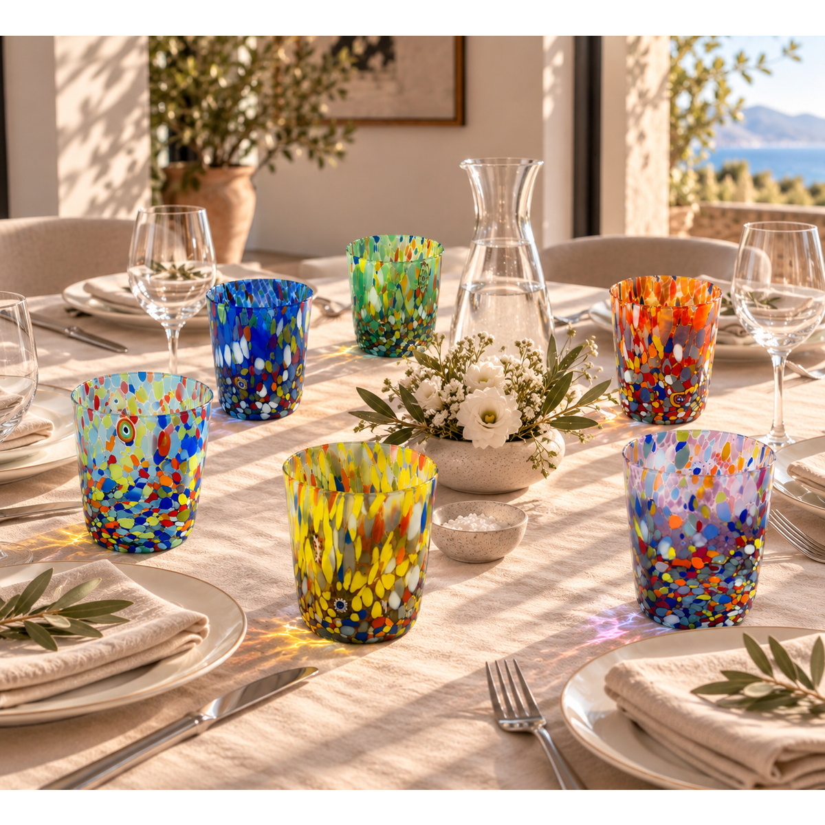 Klassische Trinkgläser aus mundgeblasenem und handgefertigtem Glas mit Murano-Murrin, Linie „I Colori di Murano“, 350 ml. Hergestellt in Italien