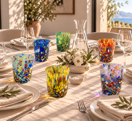 Klassische Trinkgläser aus mundgeblasenem und handgefertigtem Glas mit Murano-Murrin, Linie „I Colori di Murano“, 350 ml. Hergestellt in Italien