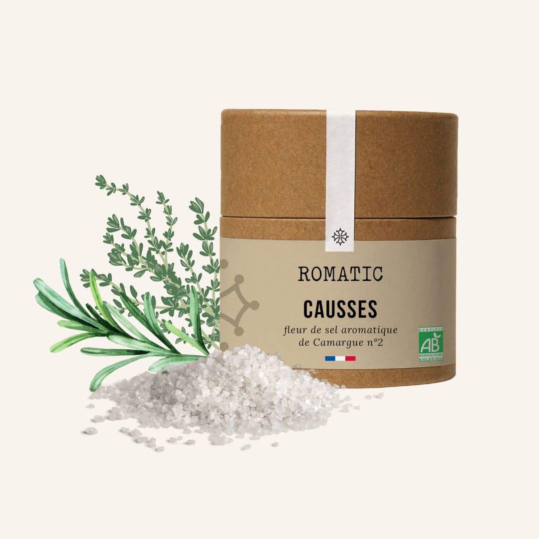 ÅRSAGER – Økologisk aromatisk salt 115 g – Camargue fleur de sel – timian – rosmarin – krydret – sennepsfrø