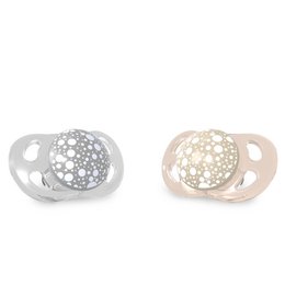 Set of 2 pacifiers, pastel gray and beige colors, with a dotted pattern design.