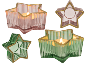 Glazen theelichthouder, ster, 2 kleuren assorti,