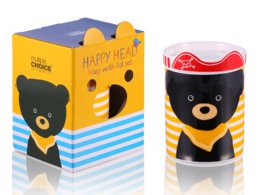 Black and yellow striped mug with a teddy bear design, 300ml capacity.