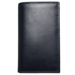 Black leather billfold wallet with blue accents, compact and minimalist design suitable for everyday use.