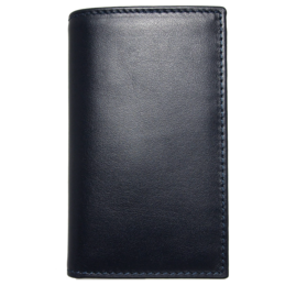 Black leather billfold wallet with blue accents, compact and minimalist design suitable for everyday use.
