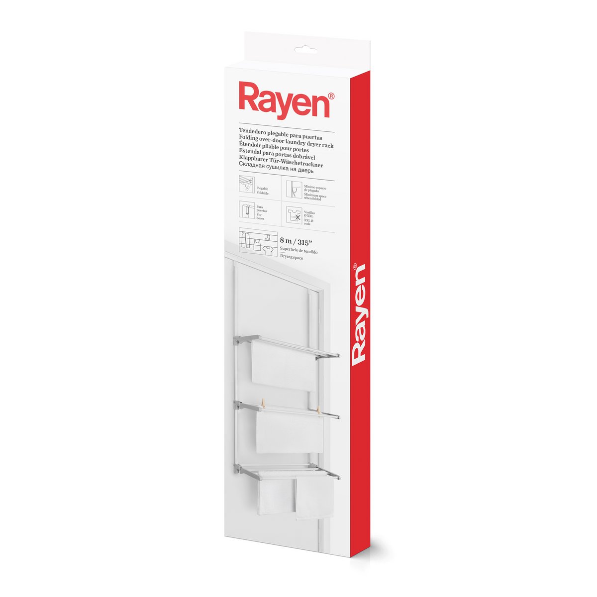 Rayén | Tendedero Plegable para Puertas y Pared, Varillas XXL, Superficie de Secado de 8m, Multifuncional, Blanco y Gris, 62,5x32,7x124cm