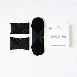 Washable sanitary pads in mini, regular, and maxi/maternity sizes. Made of soft, absorbent materials in a discreet black color.