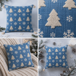 Pack de 4 fundas de cojín navideño – Árboles nevados azules
