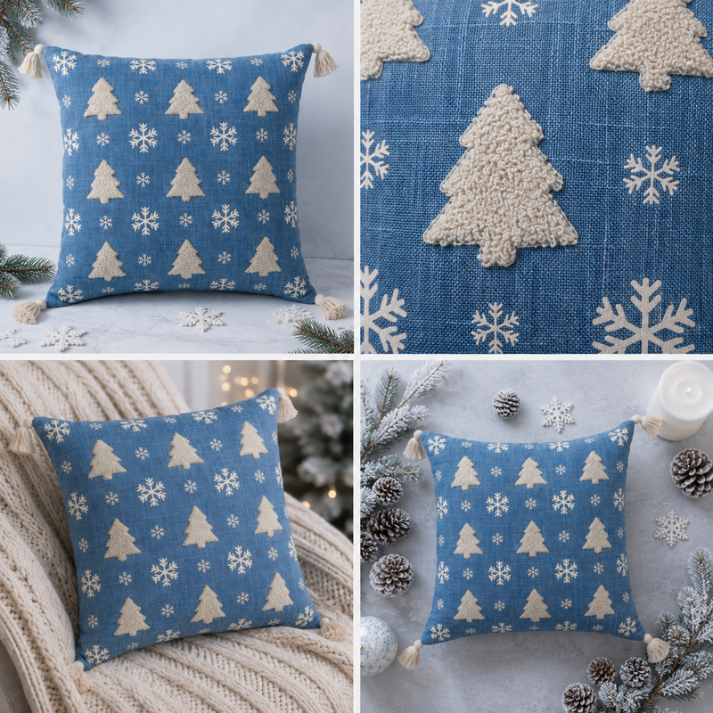 Pack de 4 fundas de cojín navideño – Árboles nevados azules