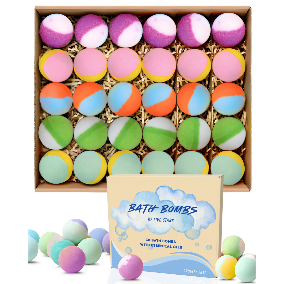 Bath bombs - Set of 30 pieces - 5 different scents - Rose, Jasmine, Lavender, Ginger & Tea tree
