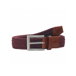 Recycled belt made of woven fabric in a burgundy color, with a metal buckle closure.