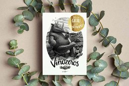 A set of cards featuring a vintage-style illustration of a rhinoceros with the text "Vinozeros" and "Carn Vegetal" (Vegetarian Meat).