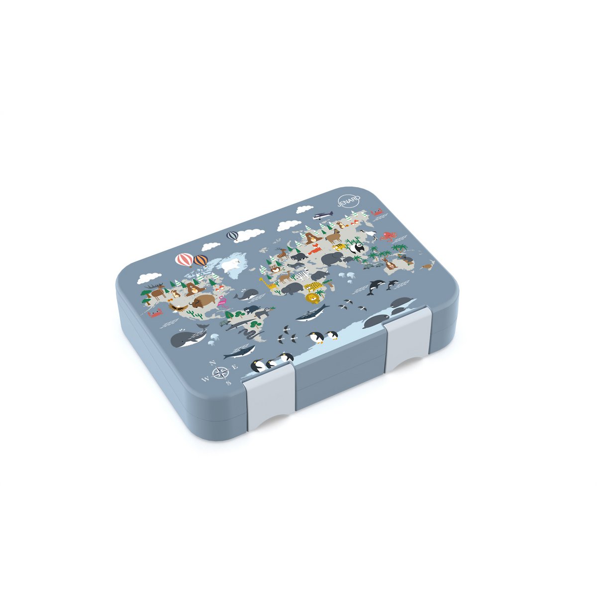 Kinderlunchbox lekvrij met vakken - Bento lunchbox kleuterschool BPA vrij - wereldkaart met dieren - JENARD