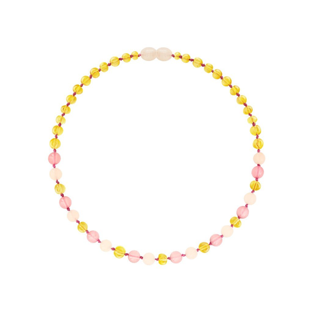 Collana in ambra bambino - quarzo limone e rosa - 32 cm