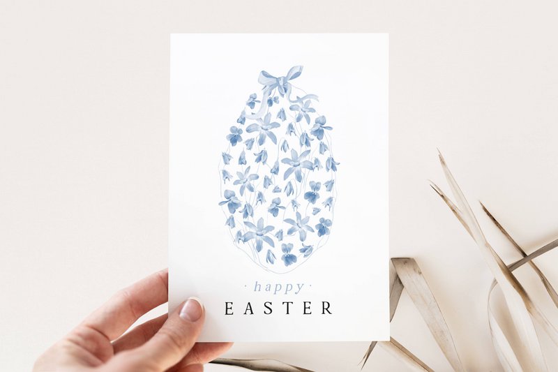 Tarjeta de Pascua - huevo de Pascua floral azul, postal Feliz Pascua, tarjeta A6