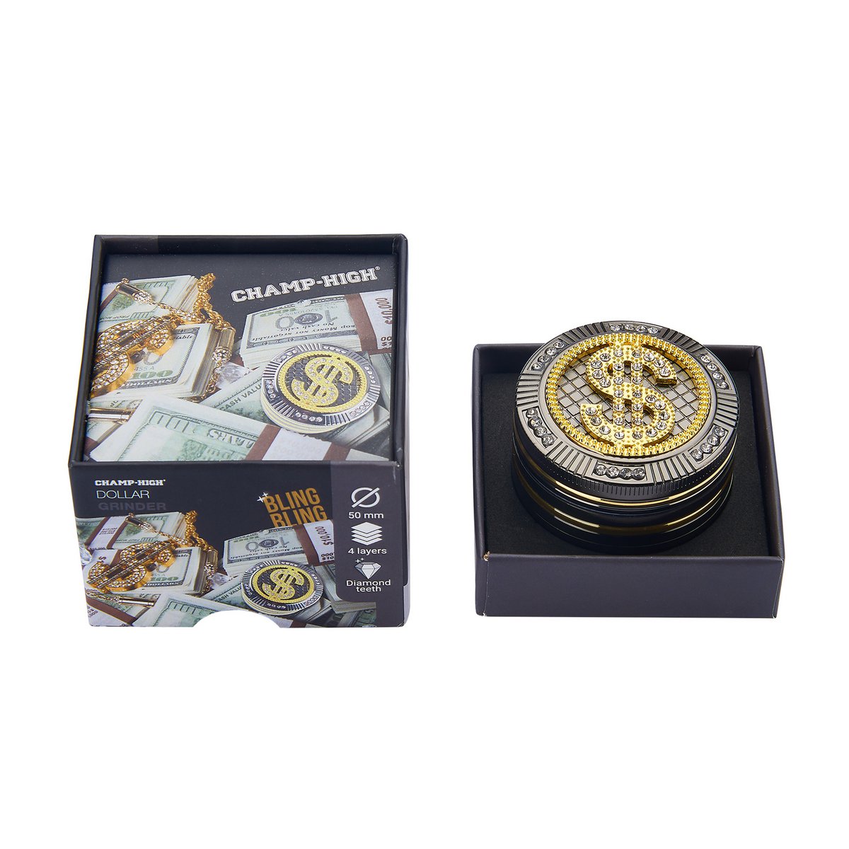Grinder Magnétique- Broyeur à tabac & Herbes aromatiques - 4 Parties - Moulin à Epices -Dents de Diamant - 50 mm- Avec grattoir - Design Dollar