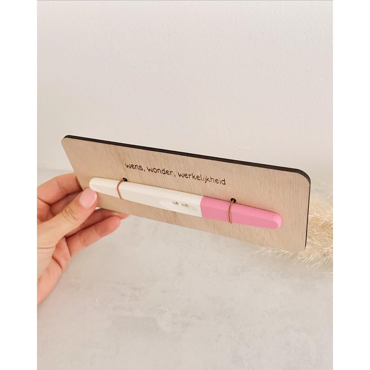 Wooden pregnancy announcement sign · Wish, miracle, reality