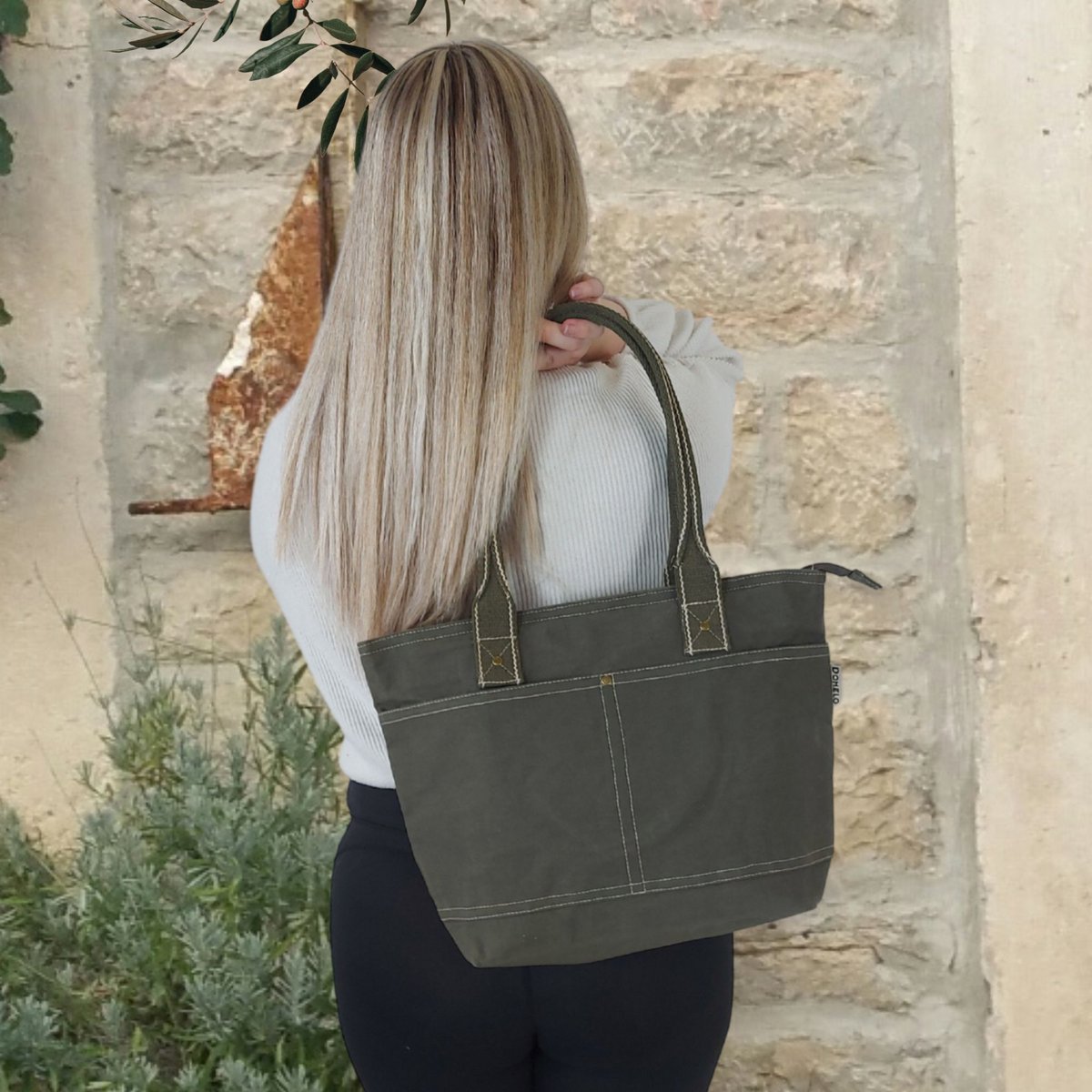 Domelo Damen gewachste Canvas Shopper. Wasserabweisende Handtasche.  Vegane Schultertasche . Einfarbig Damentasche A4 geeignet