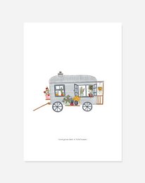 Colorful boho-style tiny house on wheels with decorative elements, suitable for wall art or home decor.