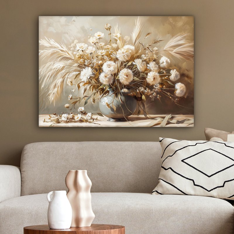 Lærredsmaleri - vægdekoration - blomster - lyserød - moderne - beige