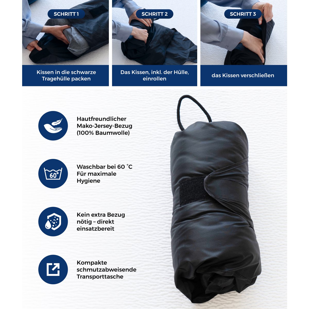 GROMOBIL® Reise-Nackenstützkissen TRAVEL – Orthopädisches Kissen: ergonomisch & atmungsaktiv für Hotel, Pension, Ferienwohnung & Camping