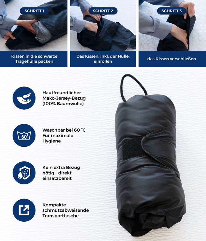GROMOBIL® Reise-Nackenstützkissen TRAVEL – Orthopädisches Kissen: ergonomisch & atmungsaktiv für Hotel, Pension, Ferienwohnung & Camping